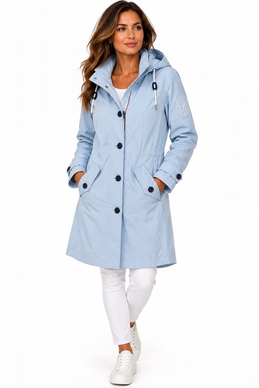 Tommy Hilfiger Women’s Hooded Parka Light Blue Long Utility Jacket 1985 Logo